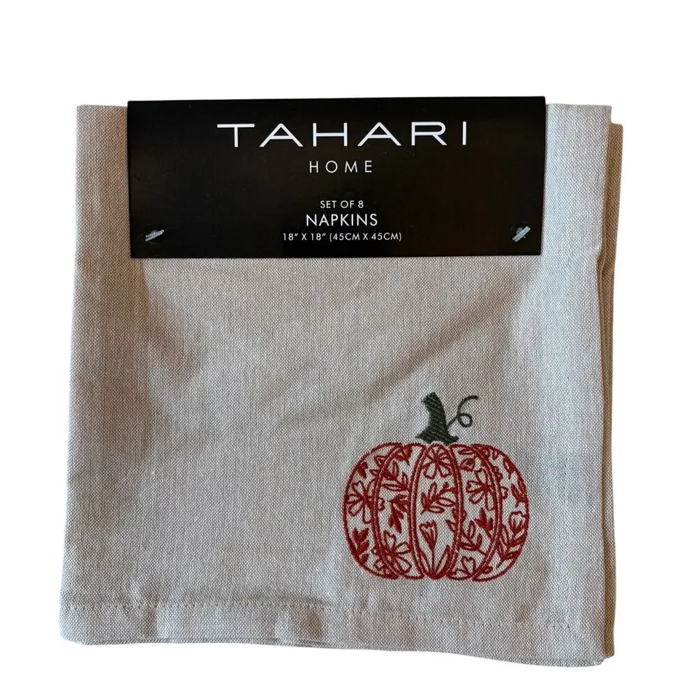 8pc Tahari Home Embroidered Pumpkin Napkins 100% Cotton 18x18 Fall Decor NEW
